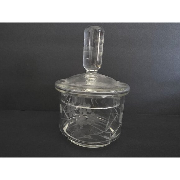 Vintage MCM Etched Glass Jar With Lid Vanity Apothecary - Picture 1 of 8